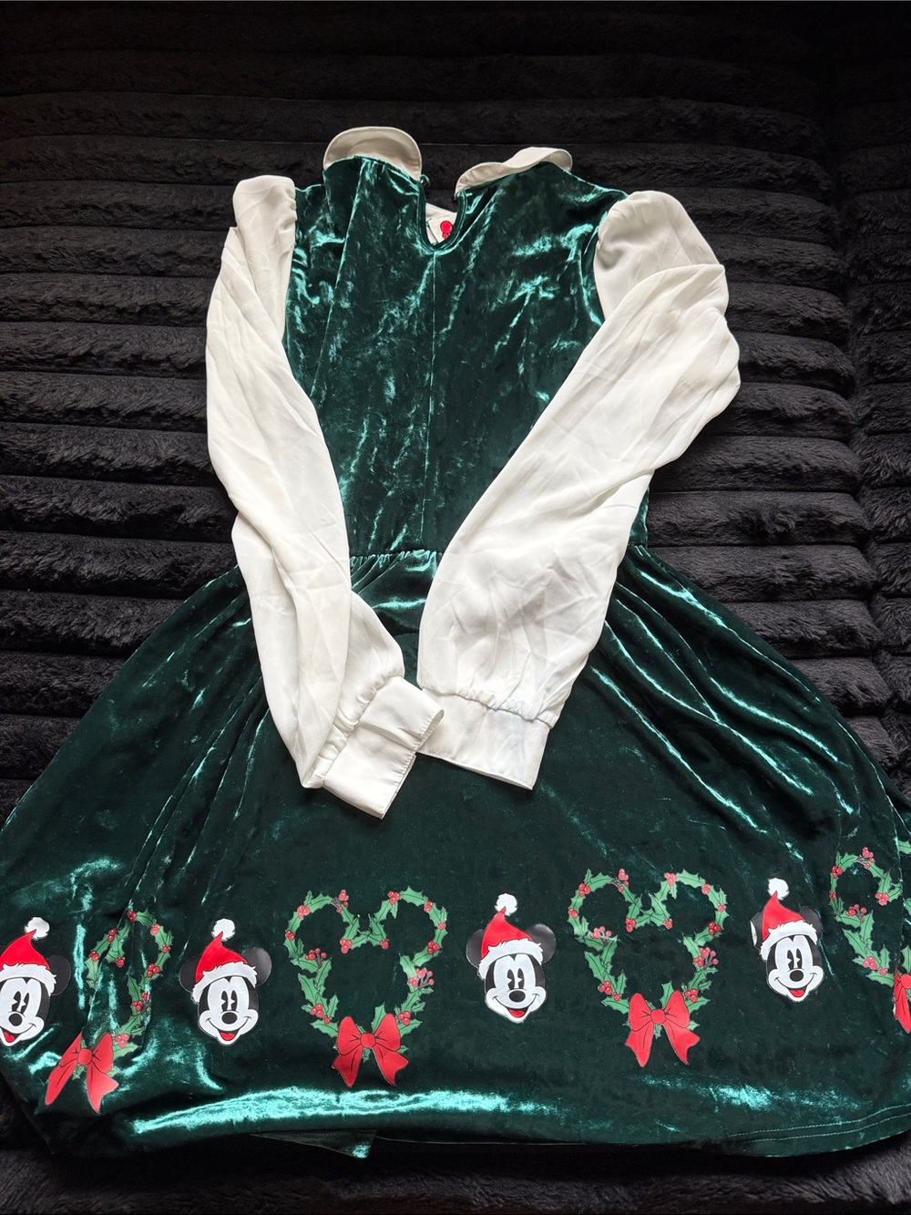 Her Universe Dark Green Velvet Holiday Mickey Dress with Cream Sleeves - Picture 5 of 5